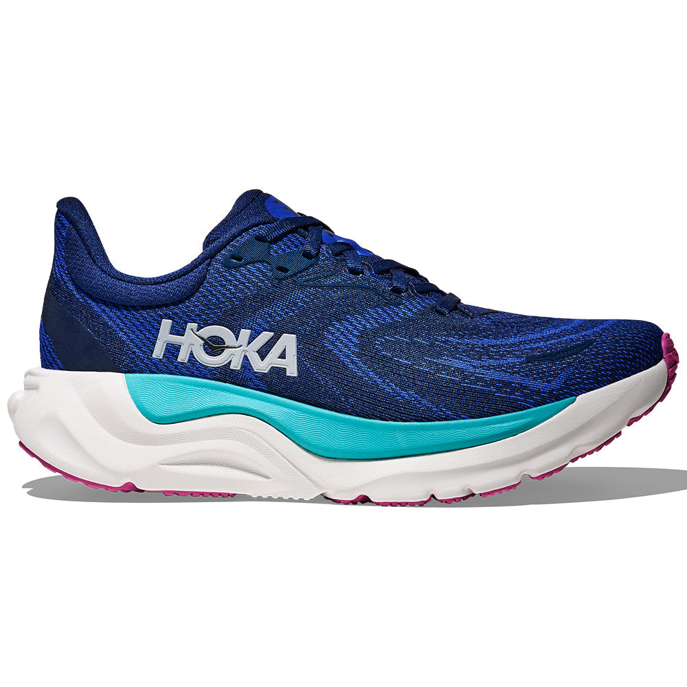 Side view on white background of Womens Hoka Arahi running shoe in Midnight Blue/Ultramarine, Medium (Regular) width
