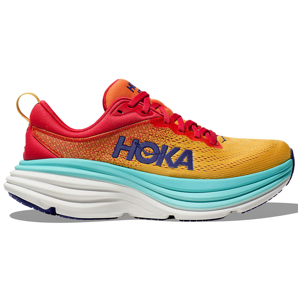 Side view on white background of Womens Hoka Bondi running shoe in Cerise/Cloudless, Medium (Regular) width