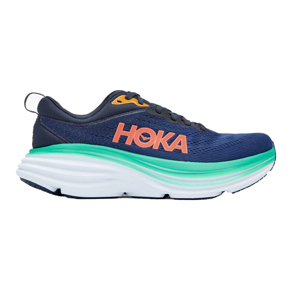 Side view on white background of Womens Hoka Bondi running shoe in Outer Space/Bellwether Blue, Wide width