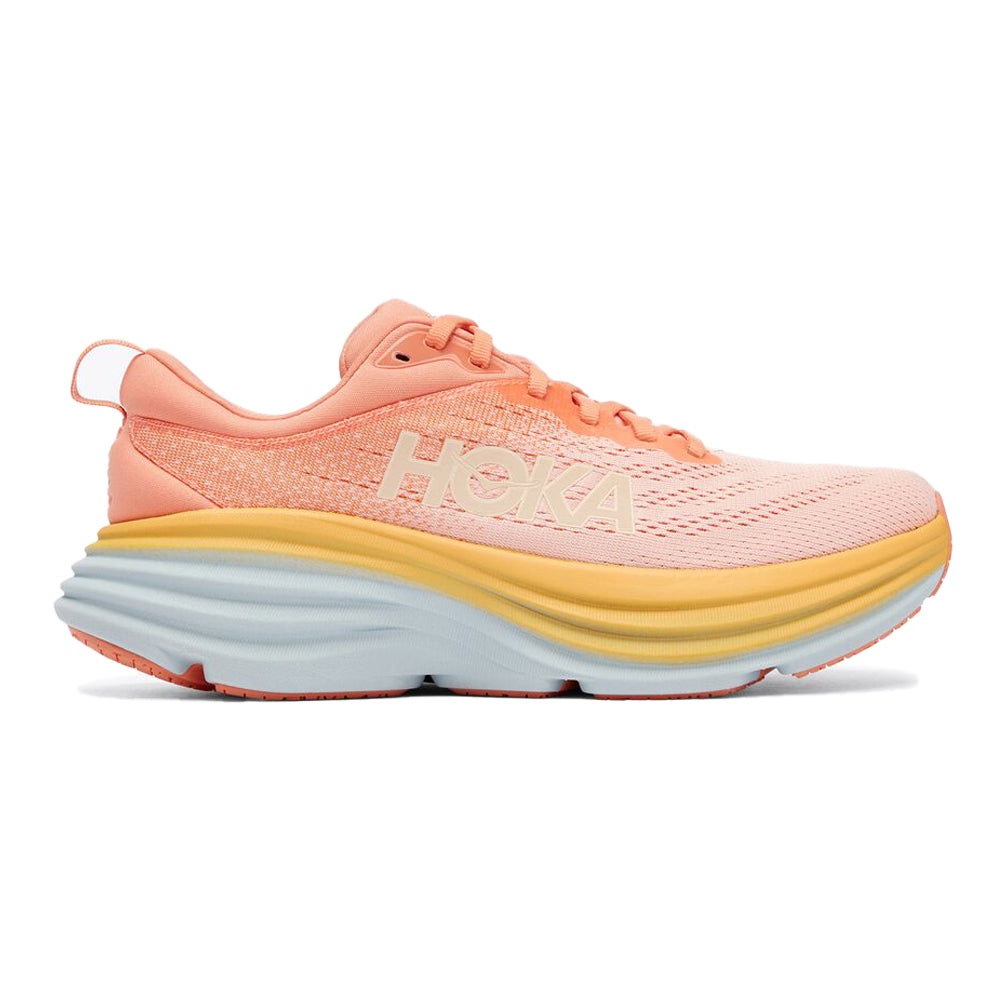 Side view on white background of Womens Hoka Bondi running shoe in Shell Coral/Peach Parfait, Medium (Regular) width