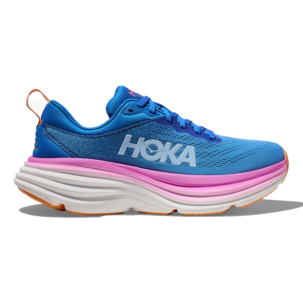 Side view on white background of Womens Hoka Bondi running shoe in Coastal Sky/All Aboard, Wide width