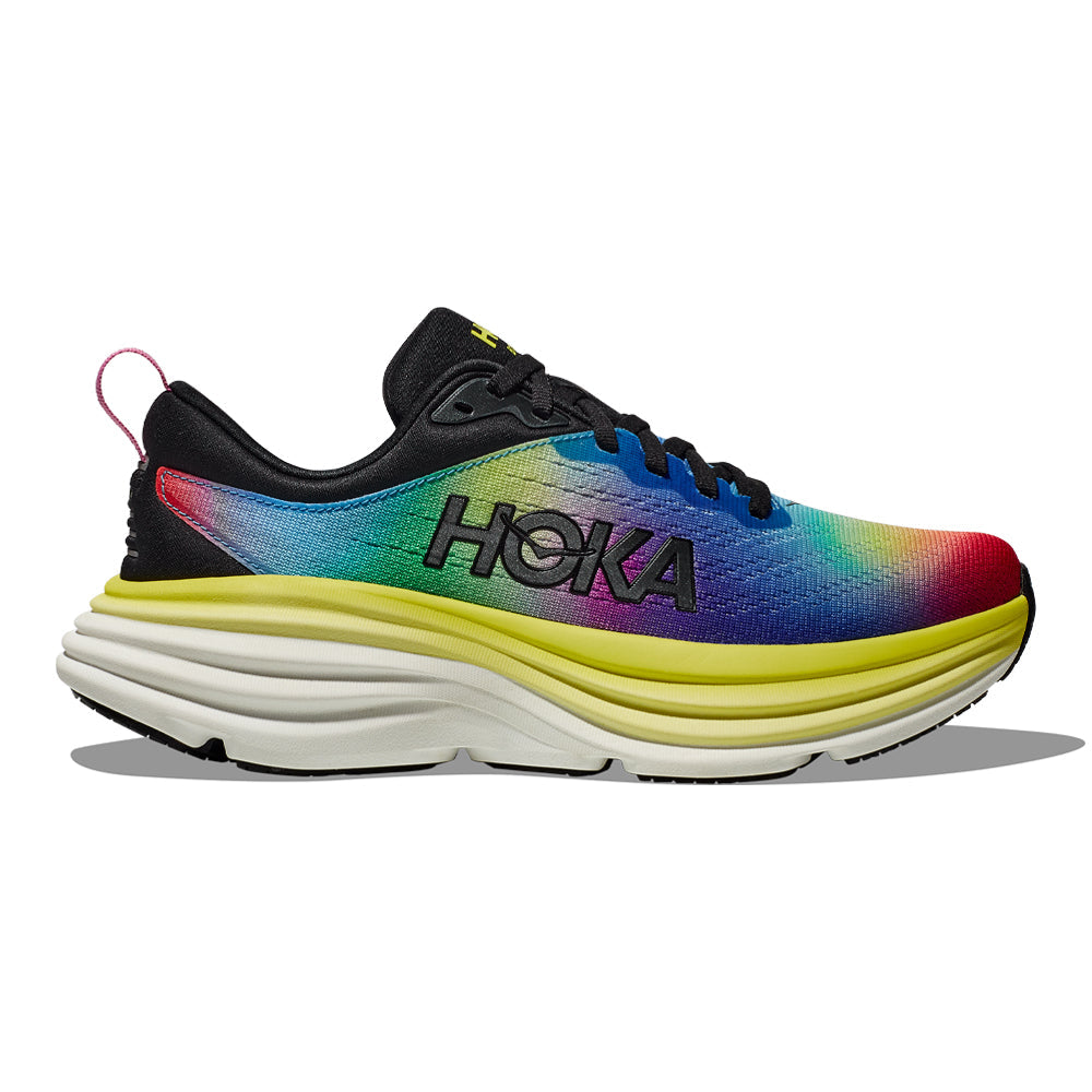 Side view on white background of Womens Hoka Bondi running shoe in Black/Multi, Medium (Regular) width