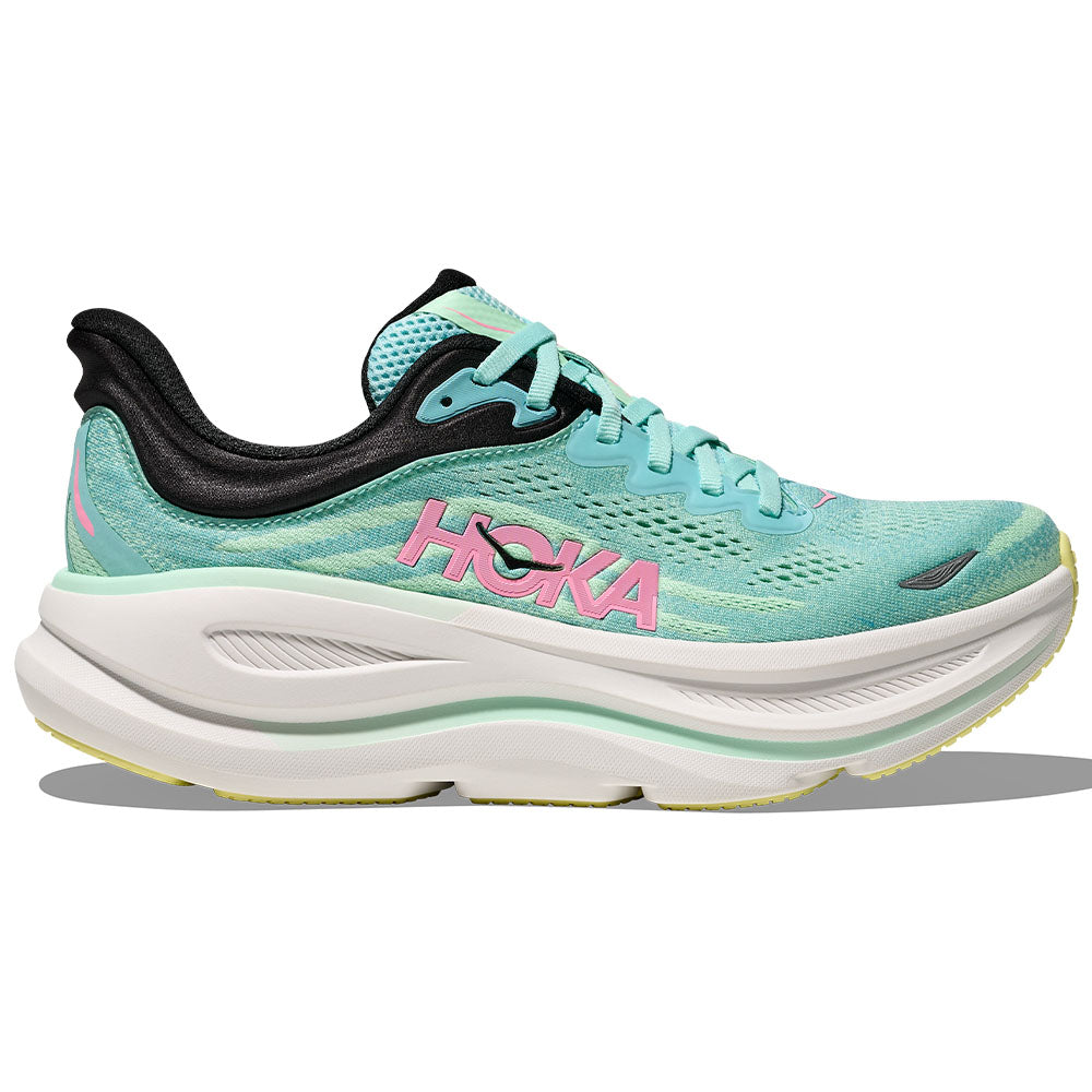 Side view on white background of Womens Hoka Bondi running shoe in Blue Spark/Mint Fluorite, Medium (Regular) width