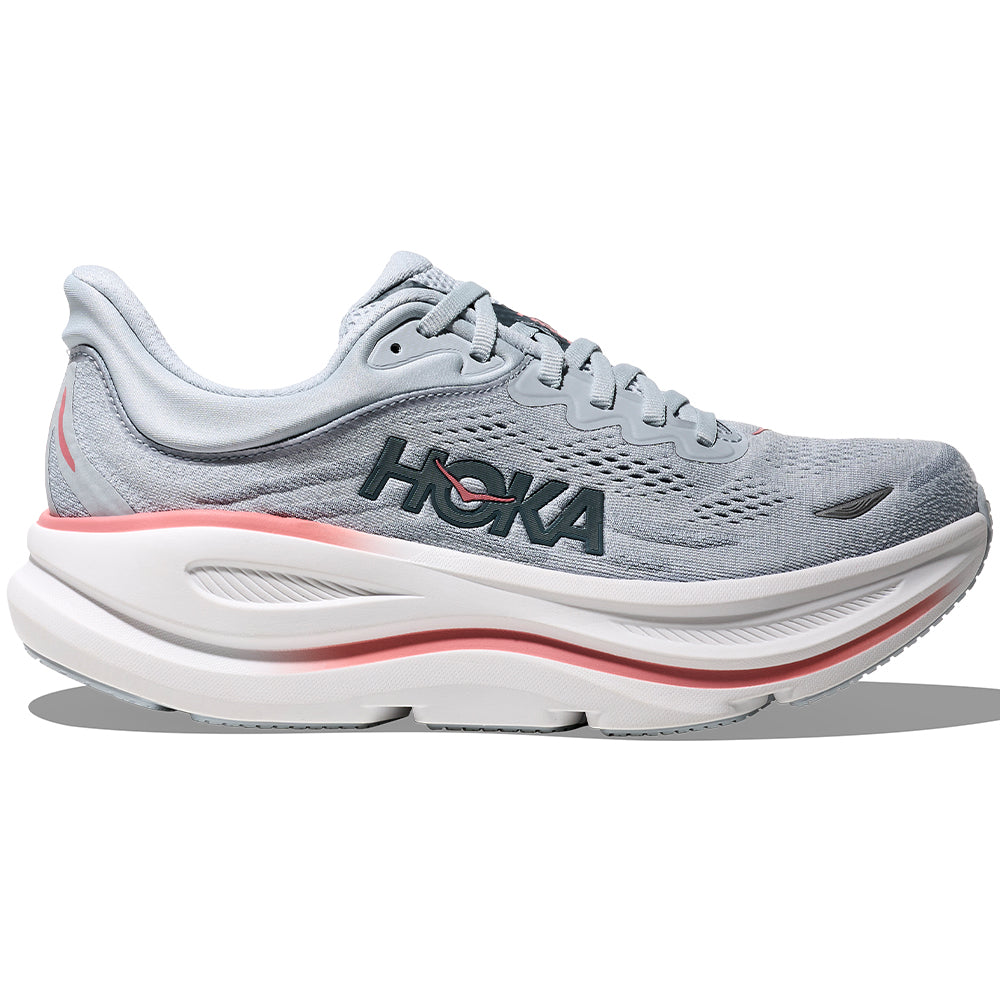 Side view on white background of Womens Hoka Bondi running shoe in Mineral Blue/Washed Blue, Medium (Regular) width