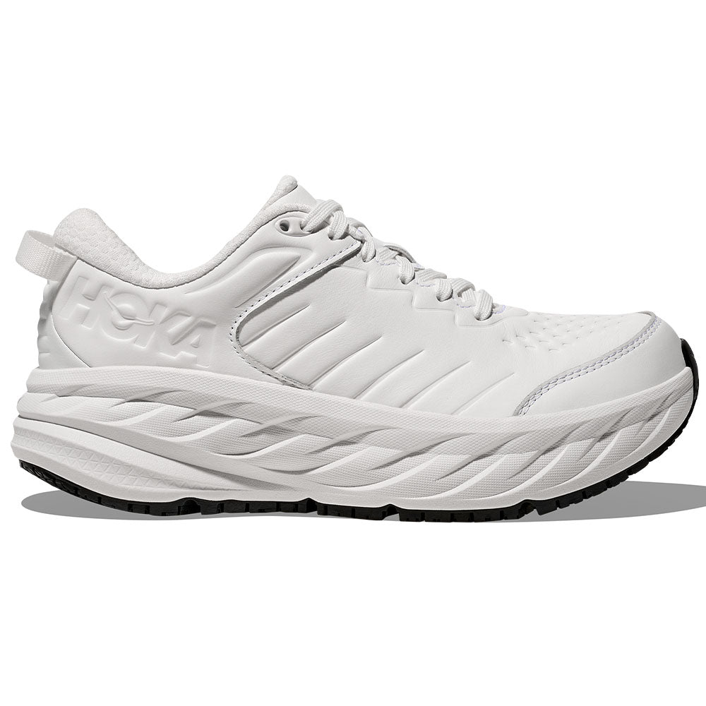 Side view on white background of Womens Hoka Bondi running shoe in Frost/Frost, Medium (Regular) width