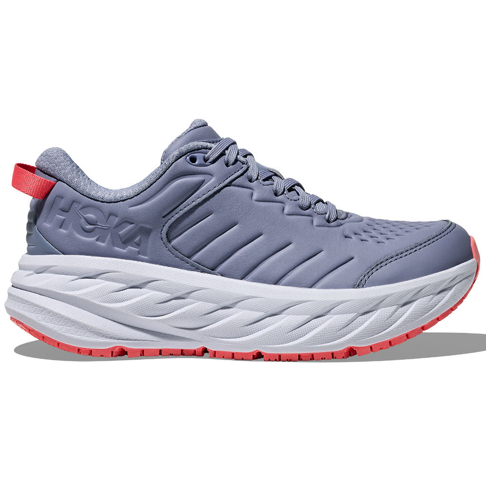 Side view on white background of Womens Hoka Bondi running shoe in Moonlight/Pale Dusk, Medium (Regular) width