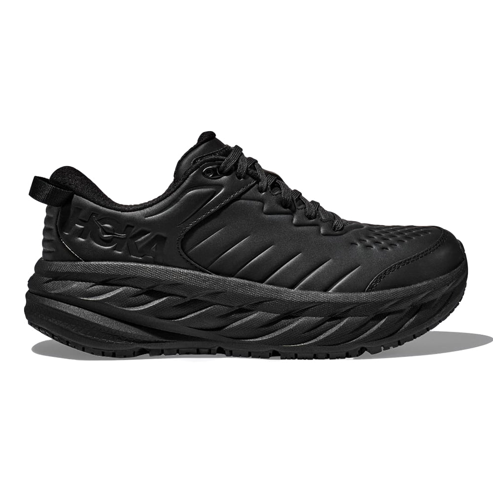 Side view on white background of Womens Hoka Bondi running shoe in Black/Black, Medium (Regular) width