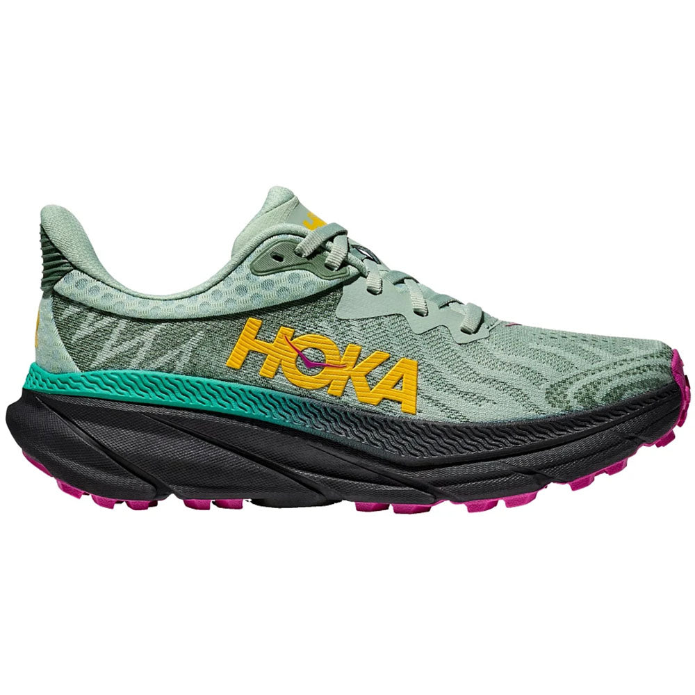 Side view on white background of Womens Hoka Challenger ATR running shoe in Aloe Vera/Black, Medium (Regular) width
