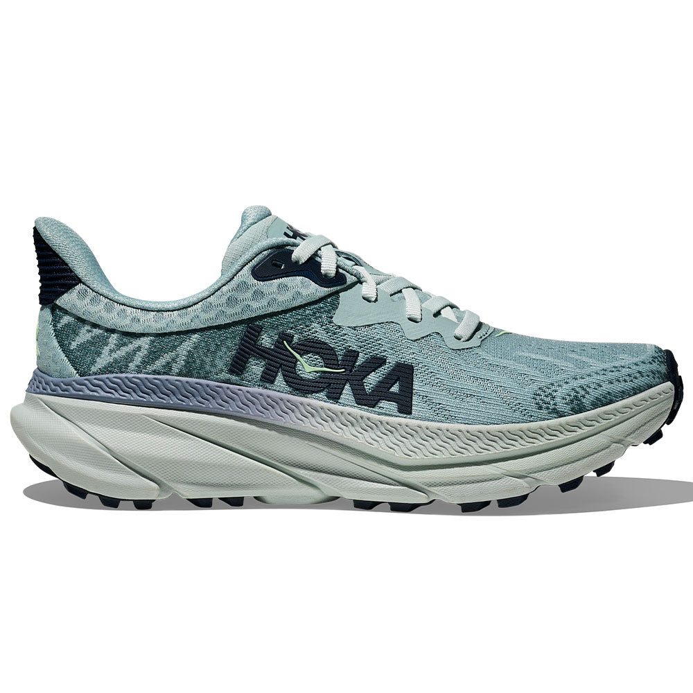 Side view on white background of Womens Hoka Challenger ATR running shoe in Druzy/Droplet, Medium (Regular) width