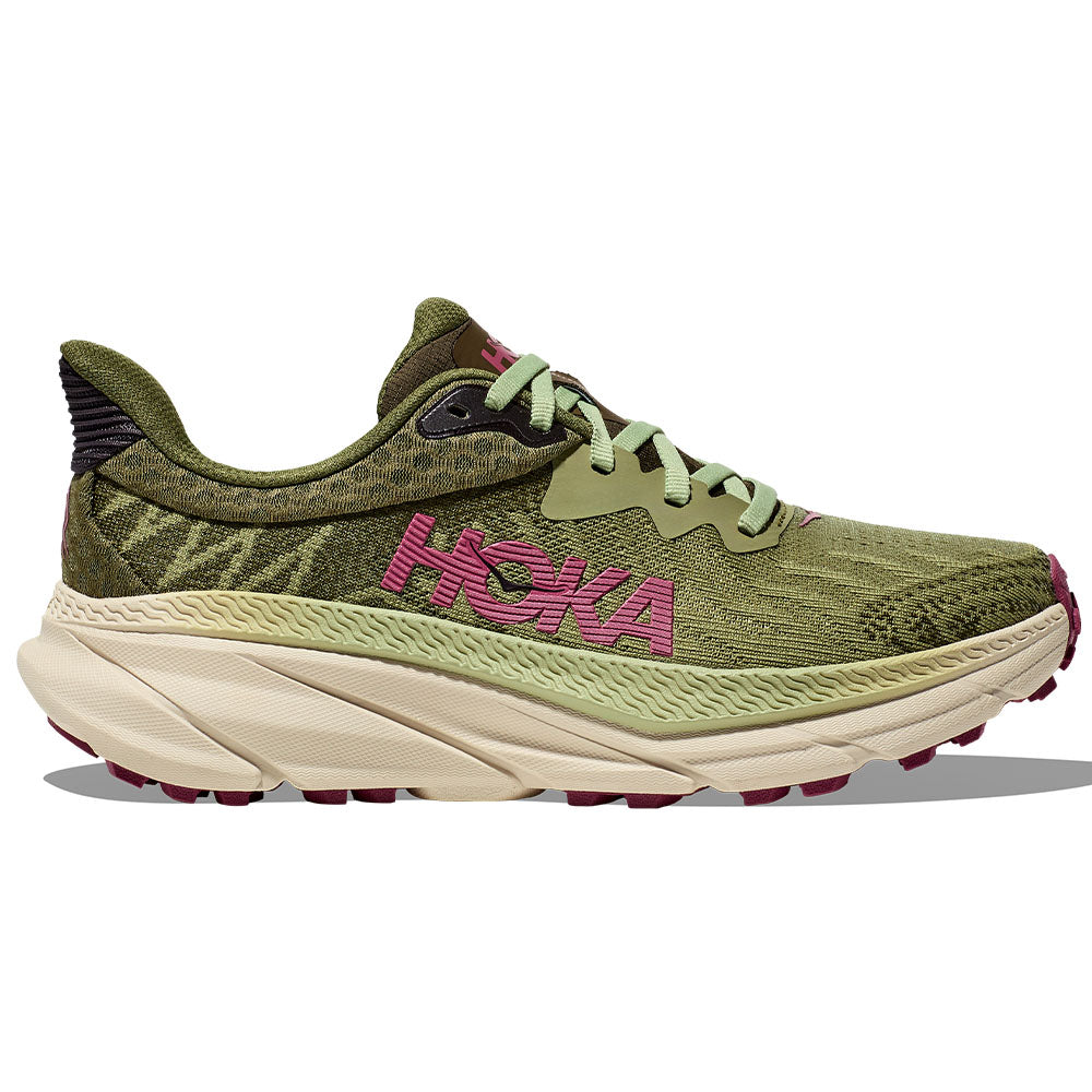 Side view on white background of Womens Hoka Challenger ATR running shoe in Forest Floor/Beet Root, Medium (Regular) width