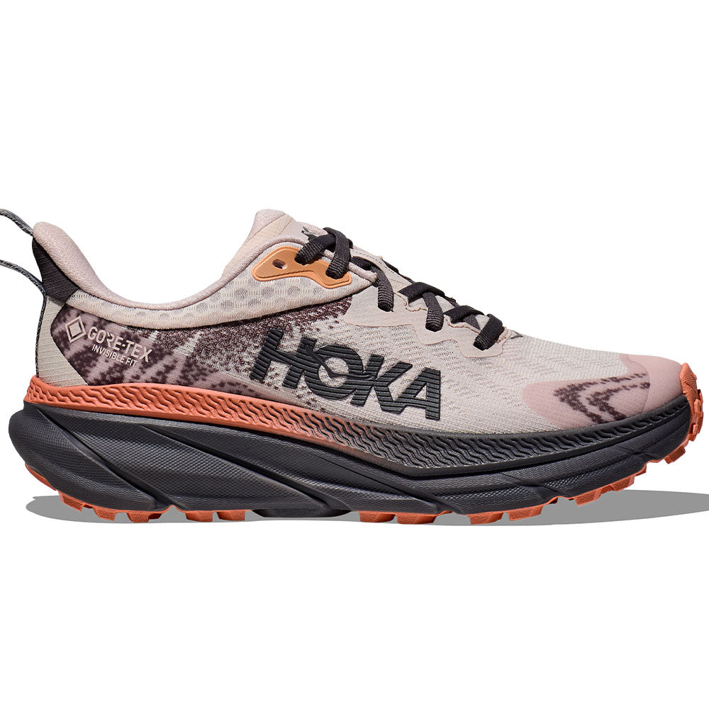 Side view on white background of Womens Hoka Challenger ATR running shoe in Cosmic Pearl/Galaxy, Medium (Regular) width