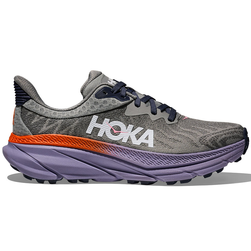 Side view on white background of Womens Hoka Challenger ATR running shoe in Galactic Grey/Wild Indigo, Medium (Regular) width