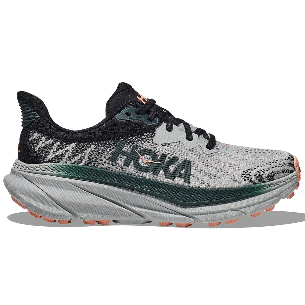 Side view on white background of Womens Hoka Challenger ATR 7 running shoe in Harbor Mist/Spruce, Wide width