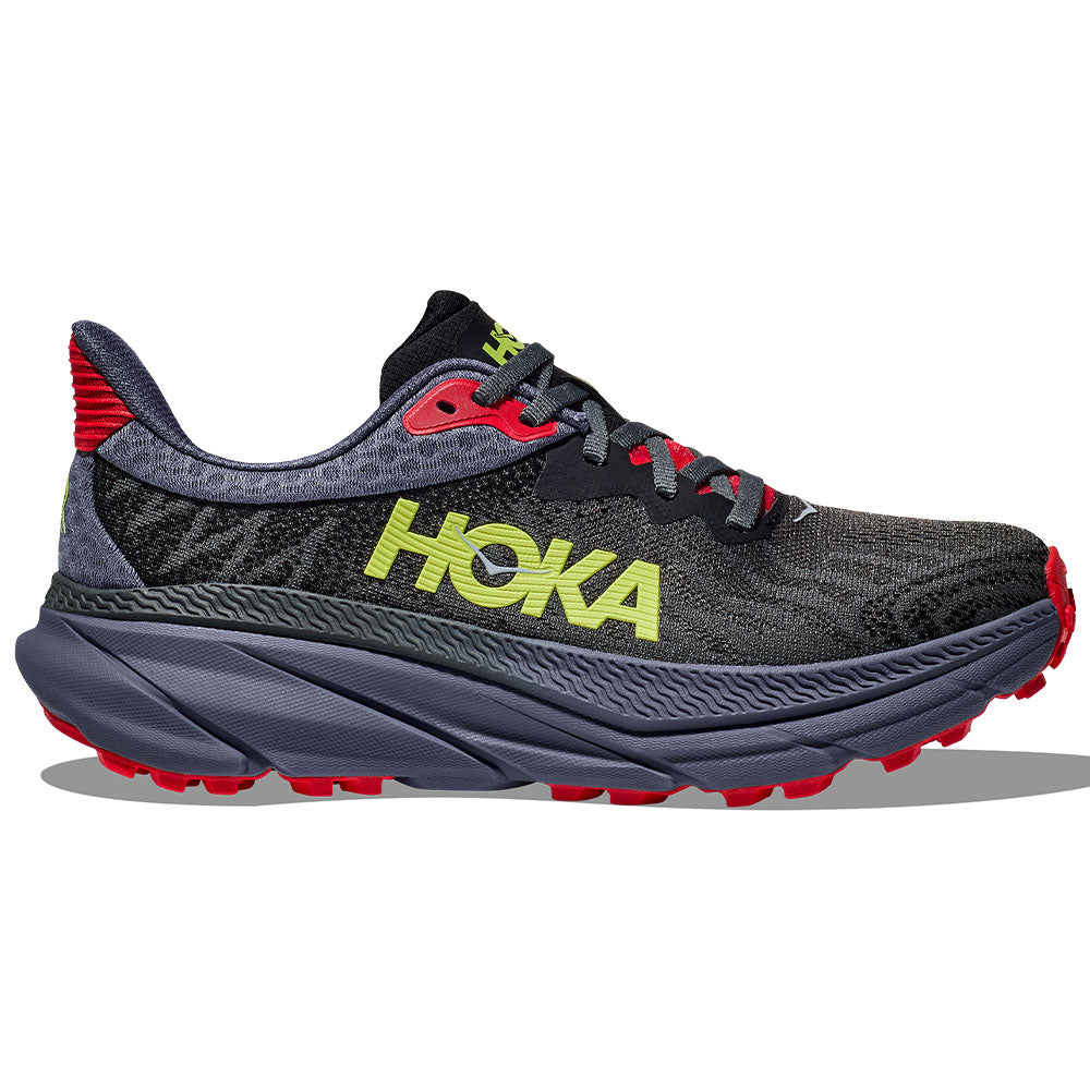 Side view on white background of Womens Hoka Challenger ATR running shoe in Obsidian/Anchor, Medium (Regular) width