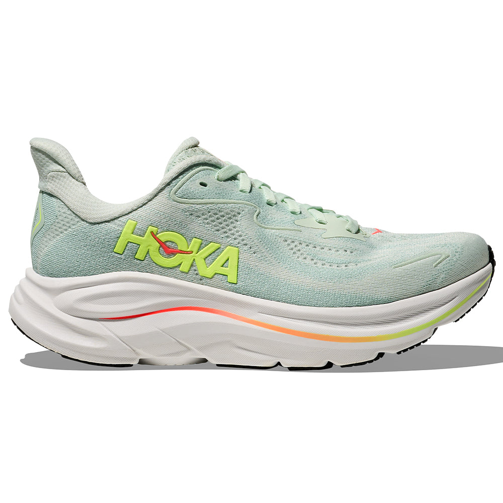 Side view on white background of Womens Hoka Clifton running shoe in Sea Glass/Neon Flame, Wide width