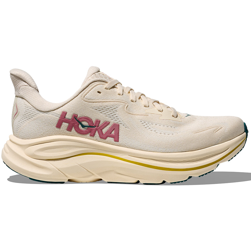Side view on white background of Womens Hoka Clifton running shoe in Birch/Alabaster, Medium (Regular) width