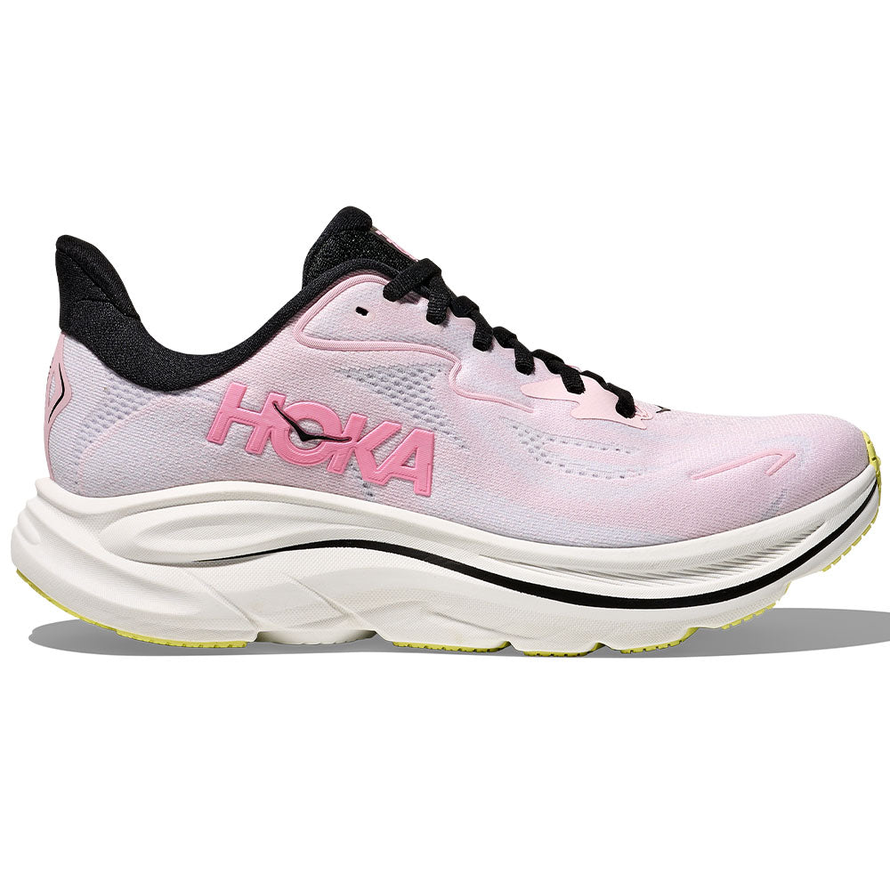 Side view on white background of Womens Hoka Clifton running shoe in Carnation/Starlight Glow, Medium (Regular) width