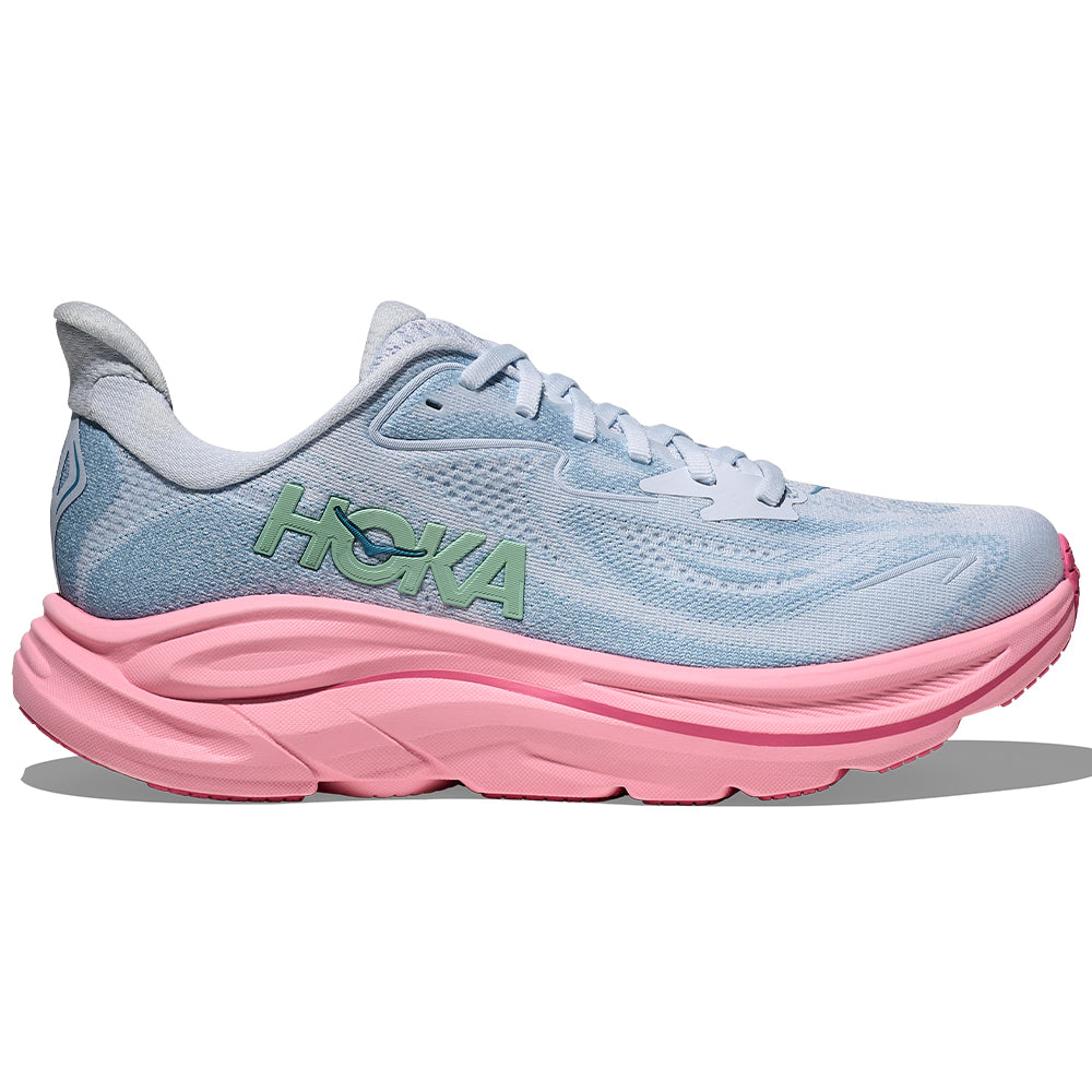 Side view on white background of Womens Hoka Clifton running shoe in Overcast/Petal, Medium (Regular) width