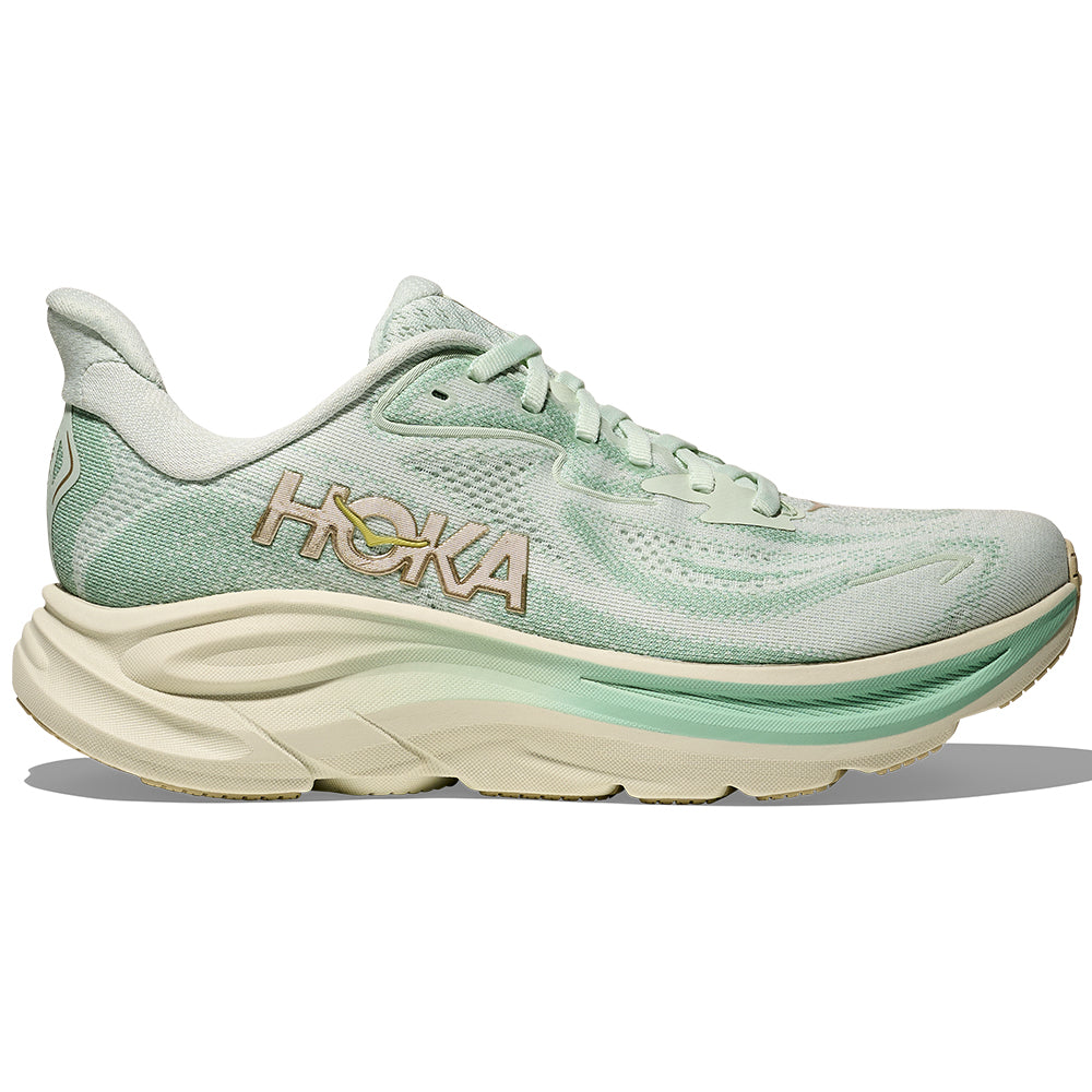 Side view on white background of Womens Hoka Clifton running shoe in Sea Glass/Jadeite, Medium (Regular) width