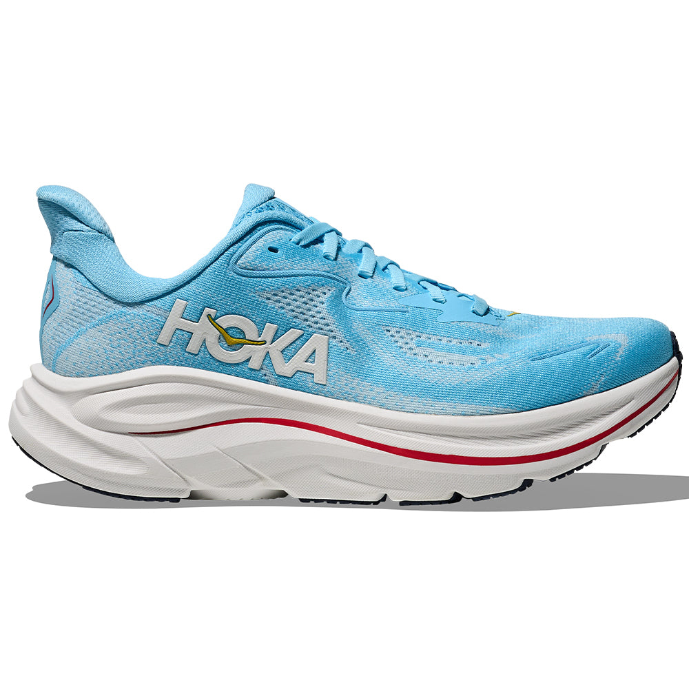 Side view on white background of Womens Hoka Clifton running shoe in Soaring Blue/Frost, Medium (Regular) width