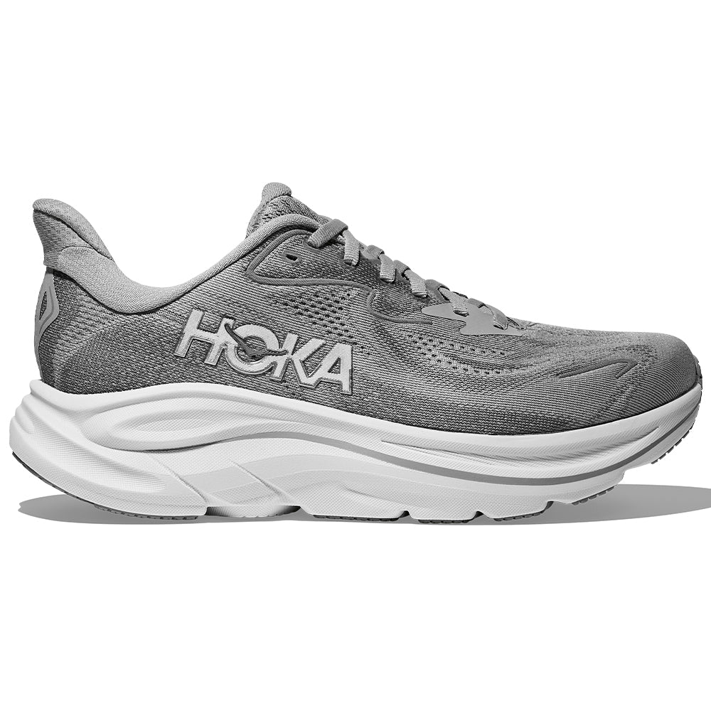 Side view on white background of Womens Hoka Clifton running shoe in Stellar Grey/Galactic Grey, Medium (Regular) width