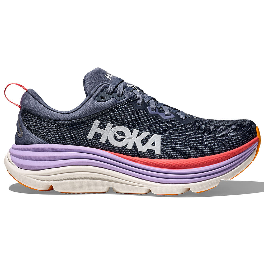 Side view on white background of Womens Hoka Gaviota running shoe in Anchor/Grapefruit, Wide width