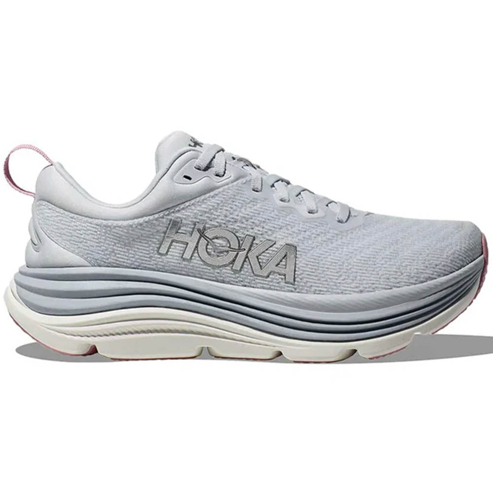 Side view on white background of Womens Hoka Gaviota running shoe in Sea Ice/Pink Twilight, Wide width
