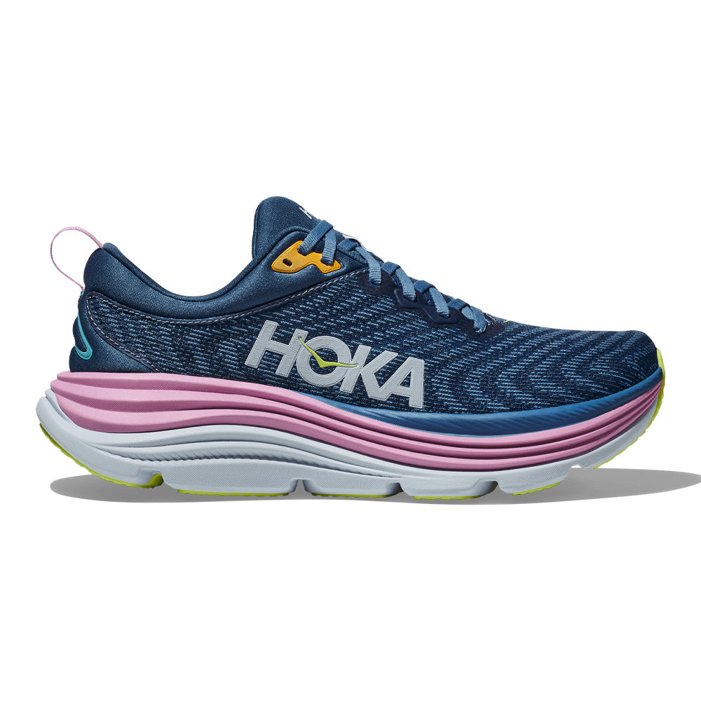 Side view on white background of Womens Hoka Gaviota running shoe in Real Teal/Shadow, Medium (Regular) width