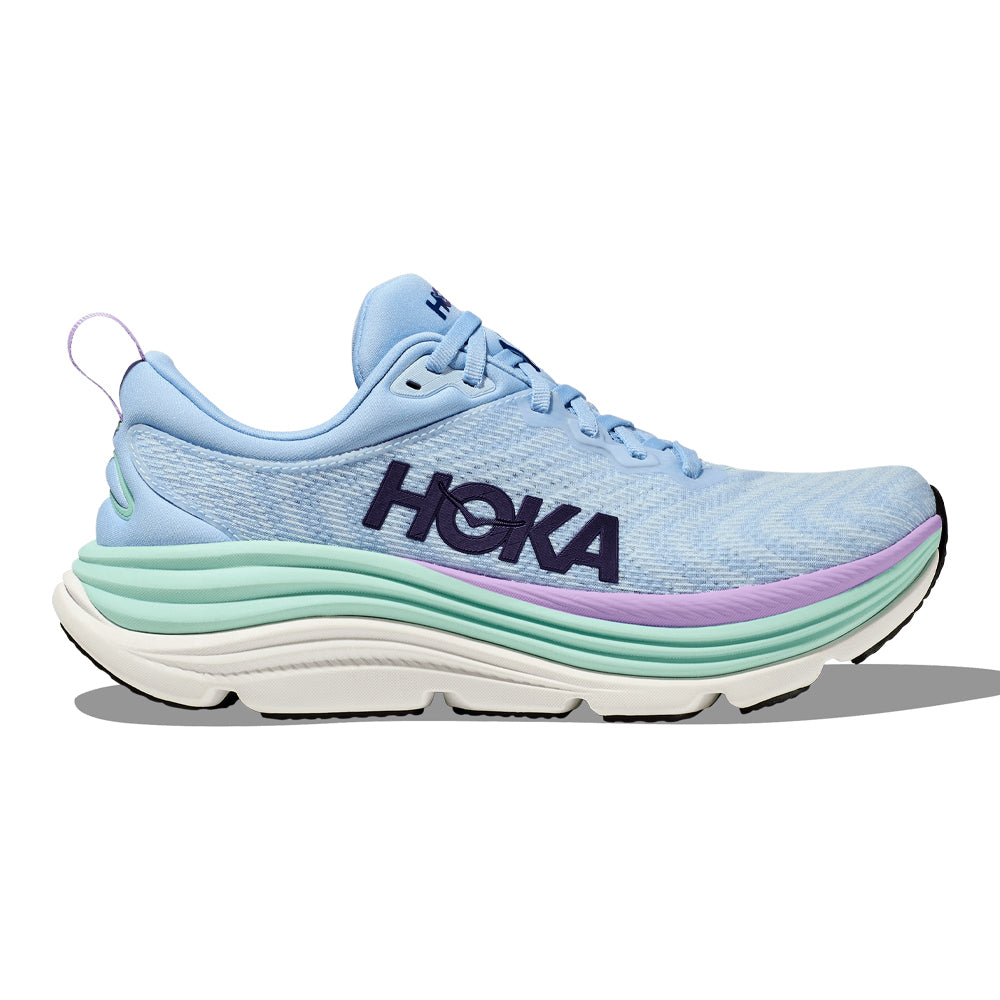 Side view on white background of Womens Hoka Gaviota 5 running shoe in Airy Blue/Sunlit Ocean, Wide width