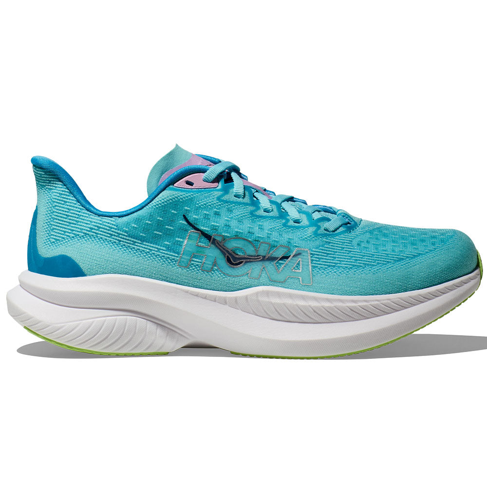 Side view on white background of Womens Hoka Mach running shoe in Cloudless/Waterpark, Medium (Regular) width