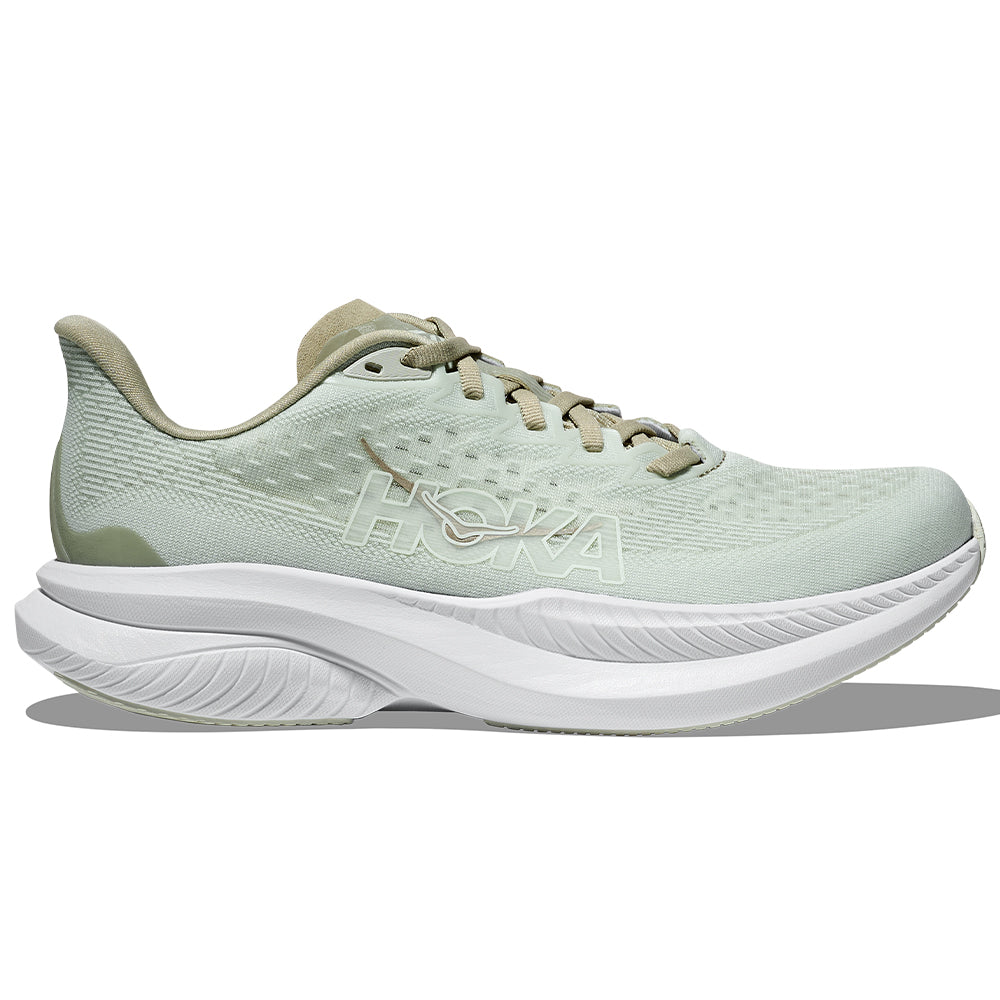 Side view on white background of Womens Hoka Mach running shoe in Oyster Mushroom/Truffle Salt, Medium (Regular) width
