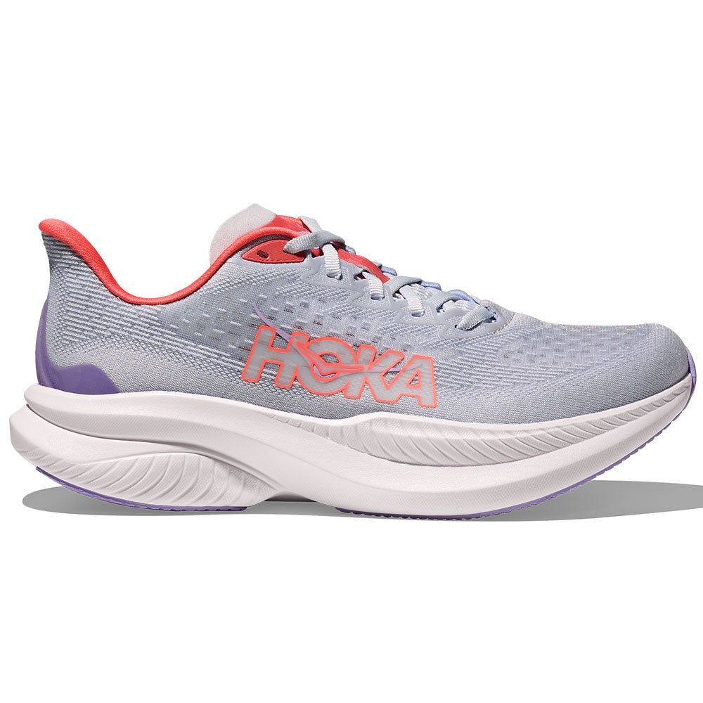 Side view on white background of Womens Hoka Mach running shoe in Pale Dusk/Gull, Medium (Regular) width