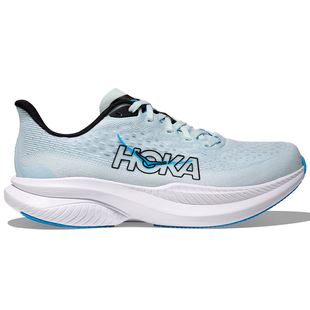 Side view on white background of Womens Hoka Mach running shoe in Tundra Blue/Raindrop, Medium (Regular) width