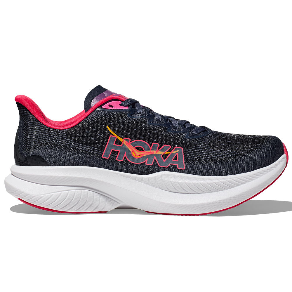 Side view on white background of Womens Hoka Mach running shoe in Varsity Navy/Nautical Dusk, Medium (Regular) width