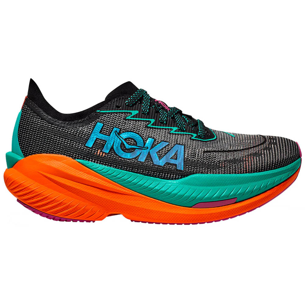 Side view on white background of Womens Hoka Mach running shoe in Black/Electric Aqua, Medium (Regular) width