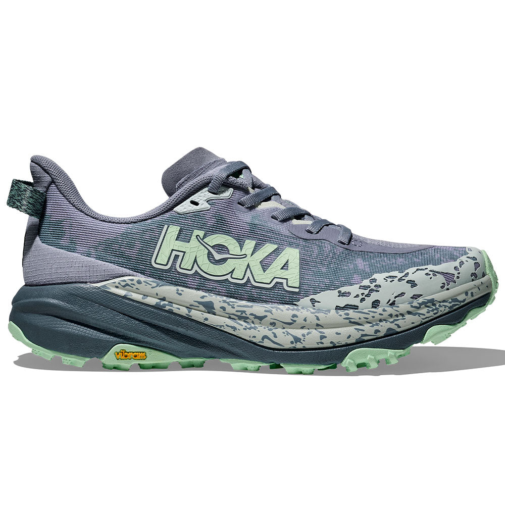Side view on white background of Womens Hoka Speedgoat running shoe in Moonlight/Thunder Cloud, Medium (Regular) width