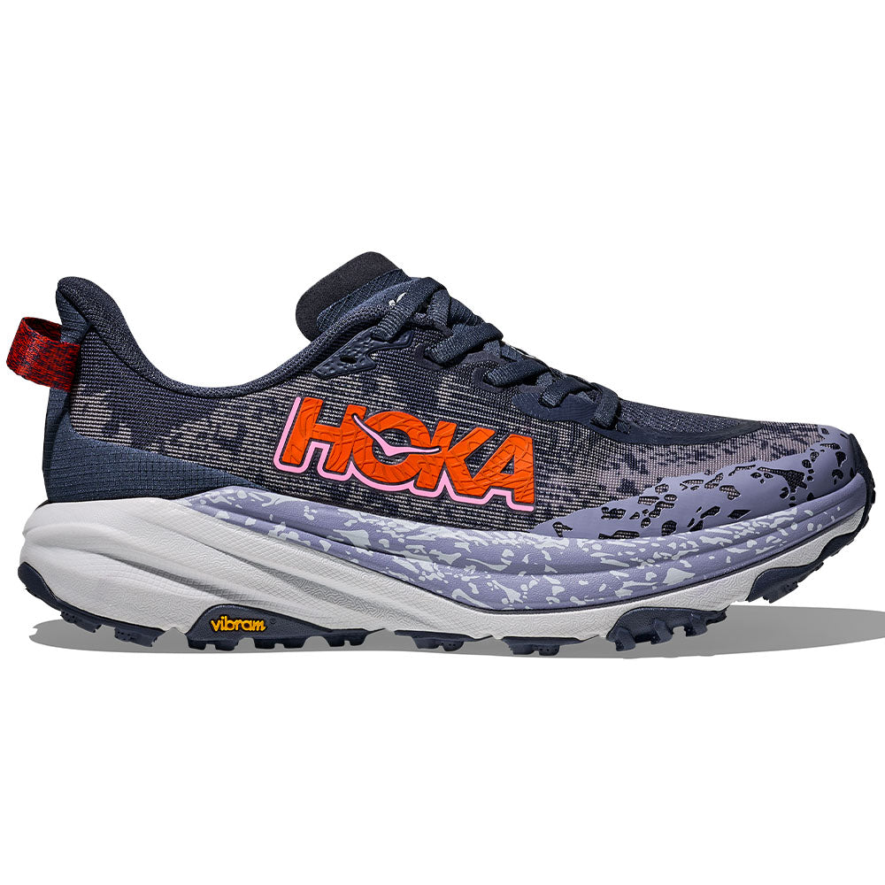 Side view on white background of Womens Hoka Speedgoat running shoe in Nautical Dusk/Sea Ice, Medium (Regular) width