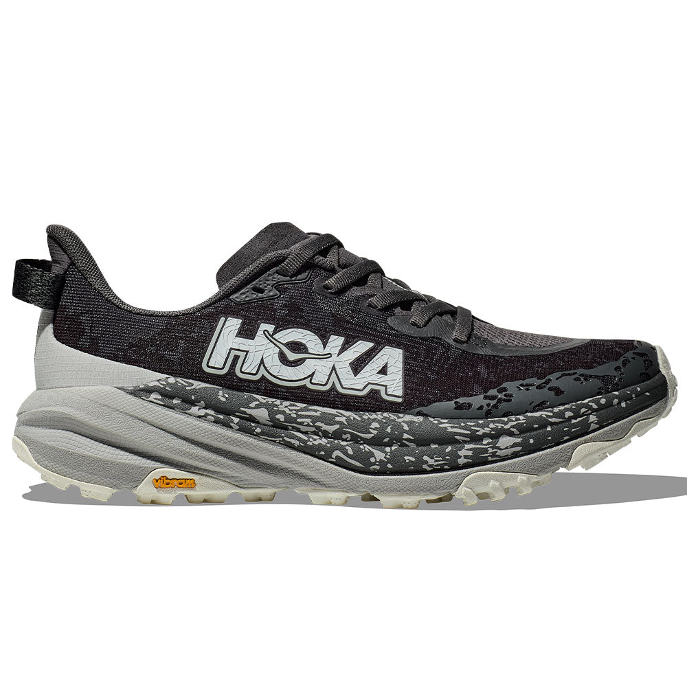 Side view on white background of Womens Hoka Speedgoat running shoe in Satellite Grey/Stardust, Medium (Regular) width