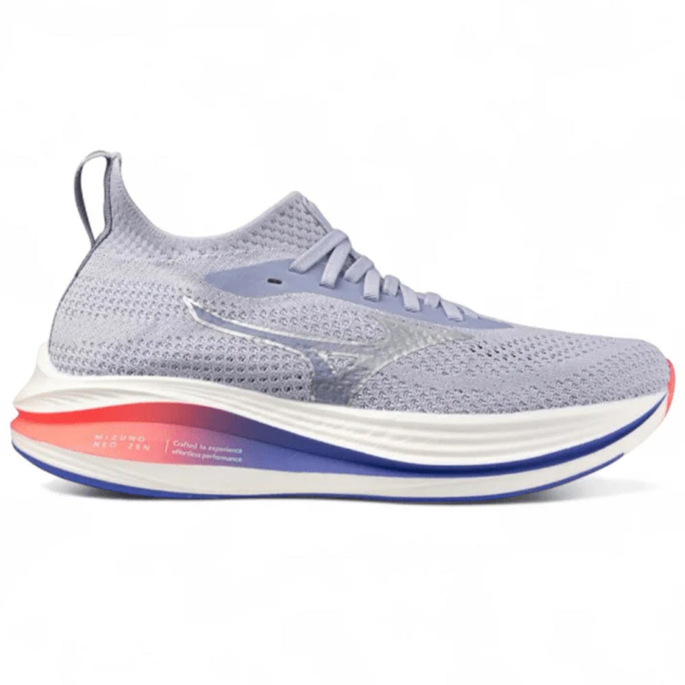 Side view on white background of Womens Mizuno Neo Zen running shoe in Icelandic Blue/Silver, Medium (Regular) width