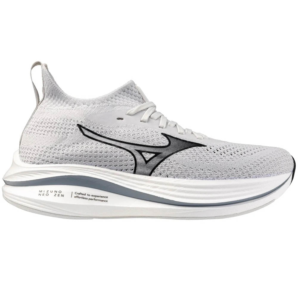 Side view on white background of Womens Mizuno Neo Zen running shoe in Nimbus Cloud/Black, Medium (Regular) width