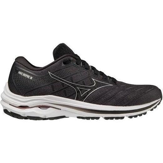 Side view on white background of Womens Mizuno Wave Inspire running shoe in Black/Silver, Medium (Regular) width