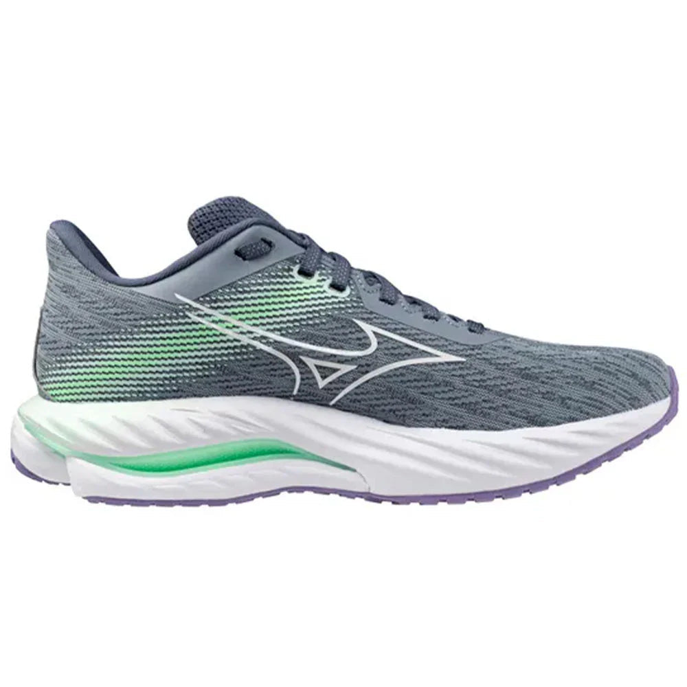 Side view on white background of Womens Mizuno Wave Inspire running shoe in Tradewinds/White, Wide width