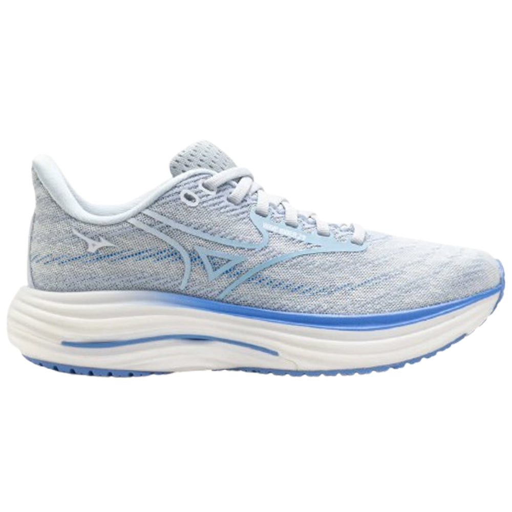 Side view on white background of Womens Mizuno Wave Rider running shoe in Ancient Water/Ice Water, Medium (Regular) width
