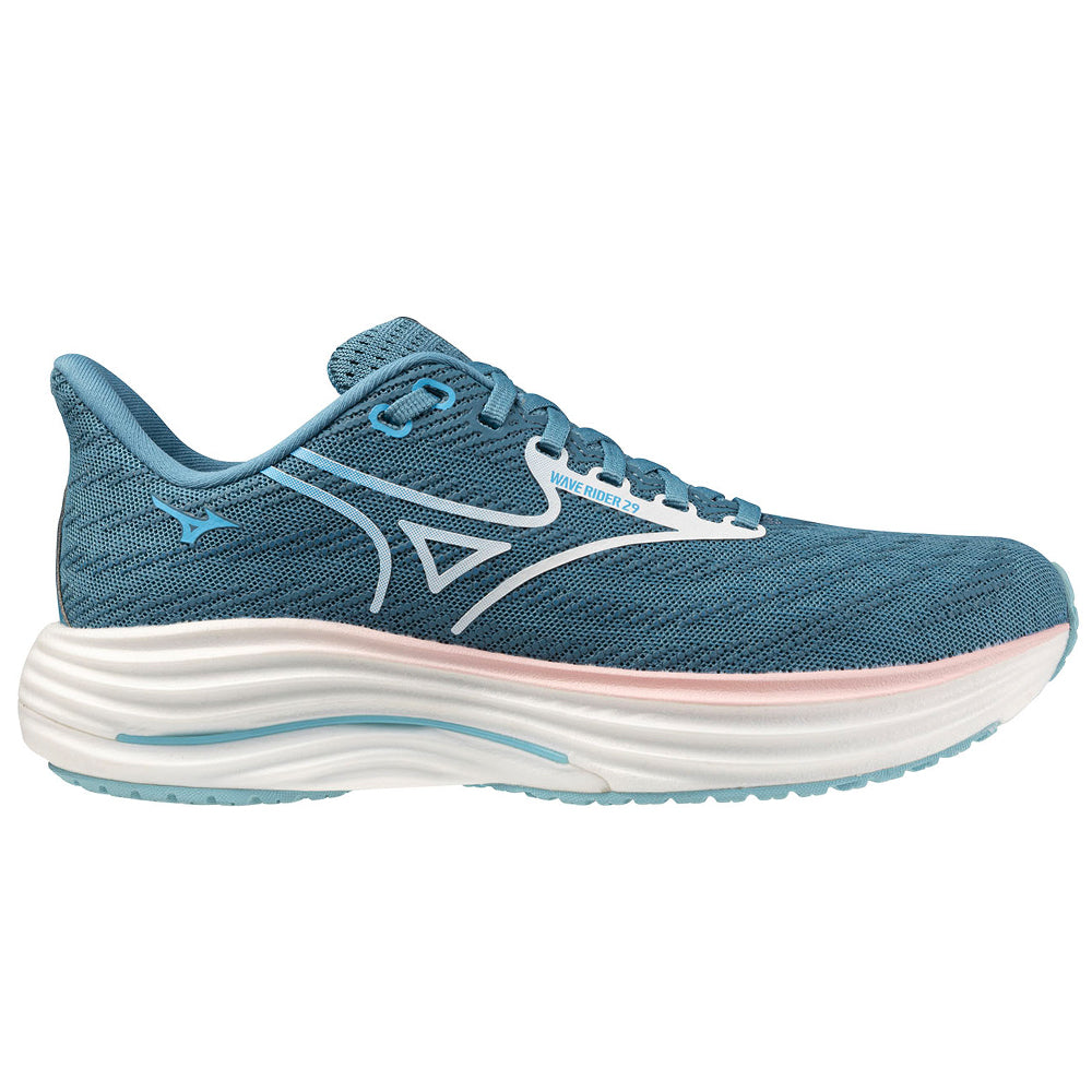 Side view on white background of Womens Mizuno Wave Rider running shoe in Larkspur/White, Medium (Regular) width