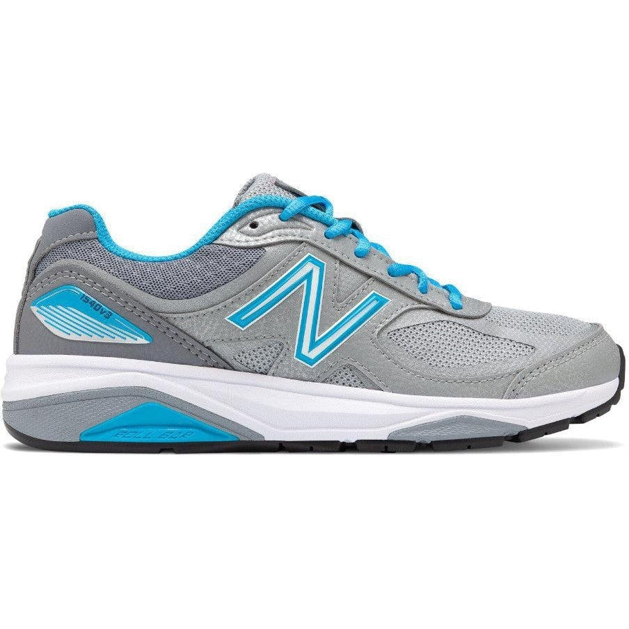 Side view on white background of Womens New Balance 1540 running shoe in Silver/Polaris, Extra Wide width