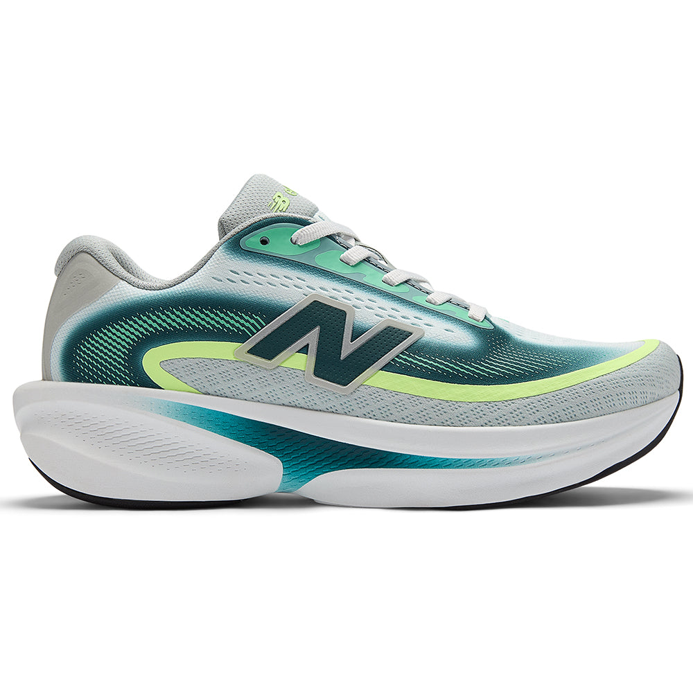 Side view on white background of Womens New Balance Ellipse running shoe in Deep End/Medusa Green/Afterglow, Medium (Regular) width
