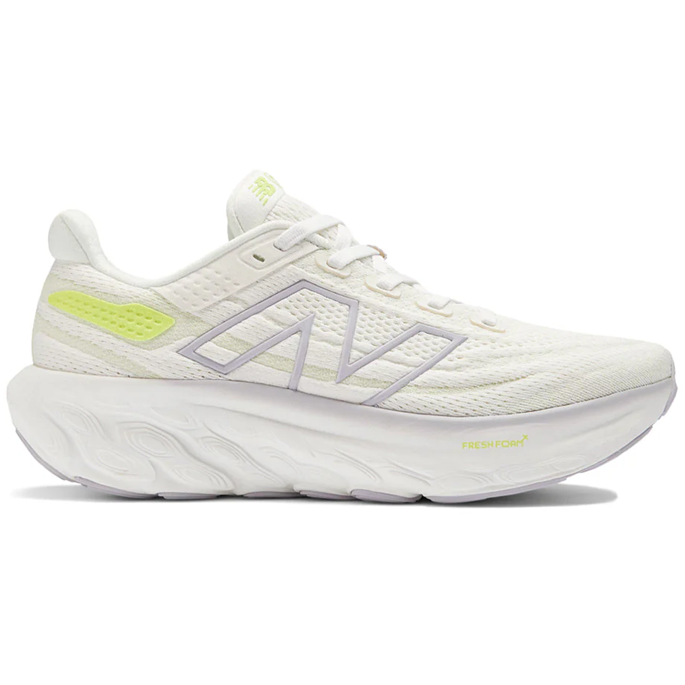 Side view on white background of Womens New Balance Fresh Foam X 1080 running shoe in Sea Salt/Grey Violet, Medium (Regular) width
