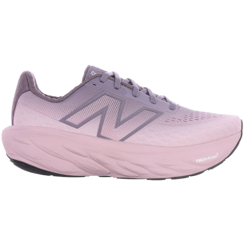 Side view on white background of Womens New Balance Fresh Foam X 1080 running shoe in Dark Ice Wine/Twilight Haze/Silver Metallic, Wide width