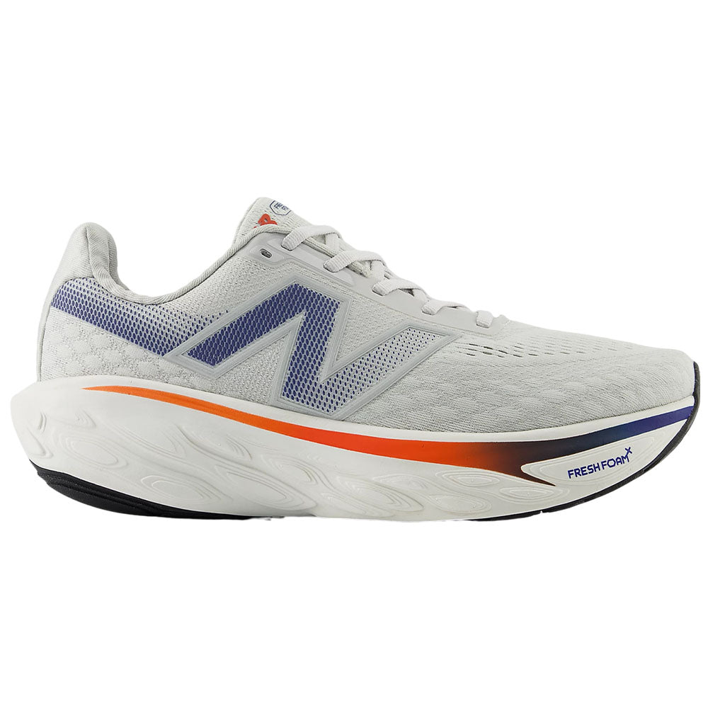 Side view on white background of Mens New Balance Fresh Foam X 1080 running shoe in Grey Matter/Silver Metallic, Wide width