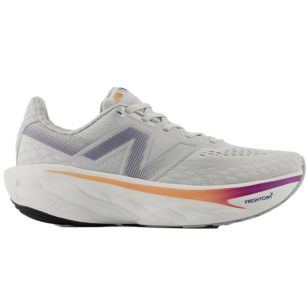 Side view on white background of Womens New Balance Fresh Foam X 1080 running shoe in Grey Matter/Silver Metallic, Wide width